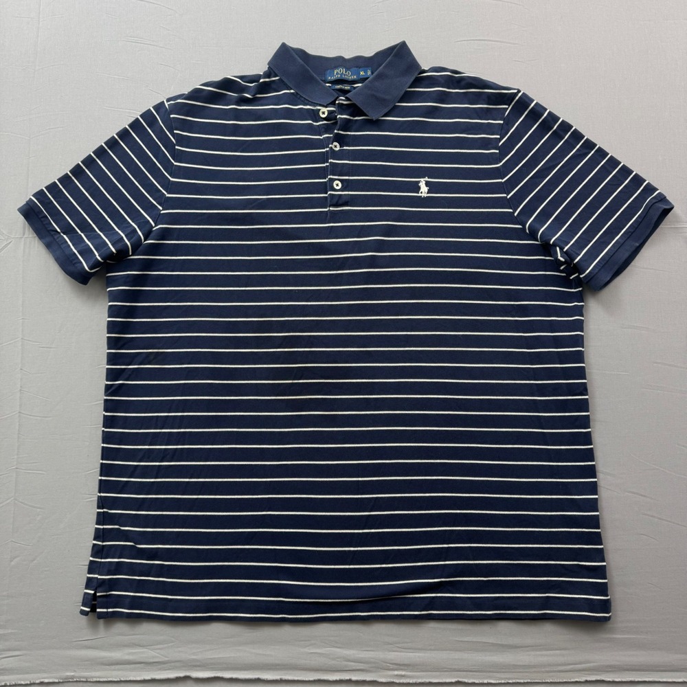 Polo Ralph Lauren Mens XL Navy Blue White Striped Stretch Mesh Polo Shirt Logo